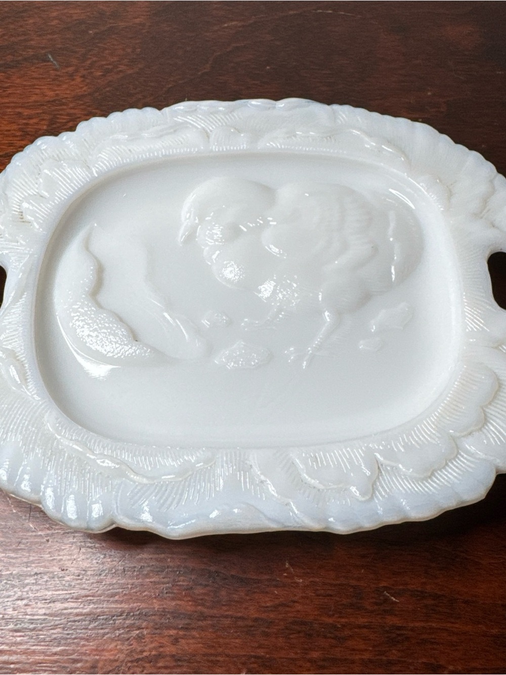 White Milk Glass Decorative Serving Tray with chick and egg motif